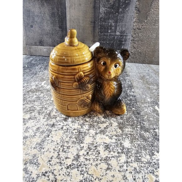 Vtg Bear and Beehive Honey Jar Pot & Dipper & Lid! CERAMIC! JAPAN! BEES! - Picture 1 of 7